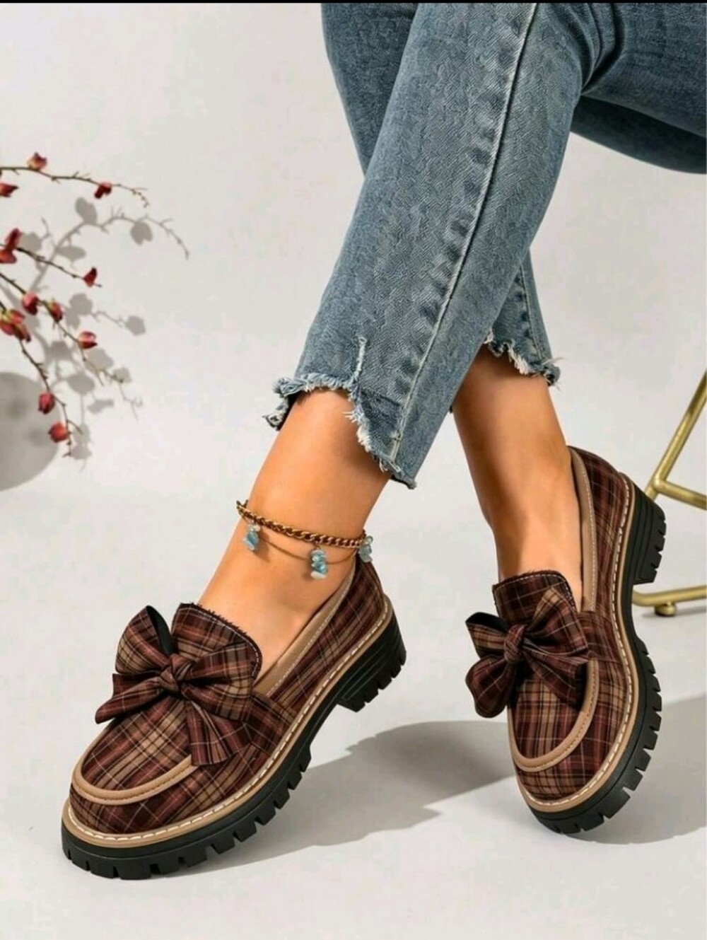 Women Loafers Plaid Bow Decor Platform Slip On Shoes For Adult Women Soft - Picture 5 of 5